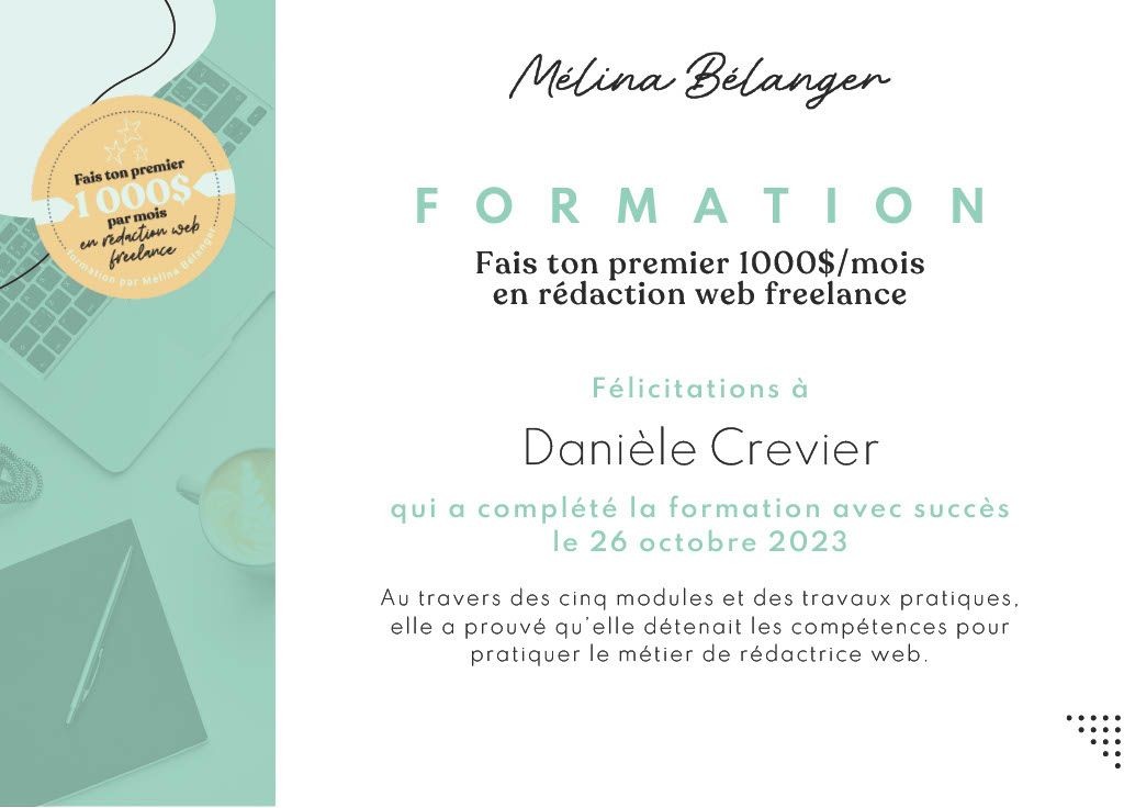 Certificate in French for completing web freelance writing course, featuring congratulatory message and date.